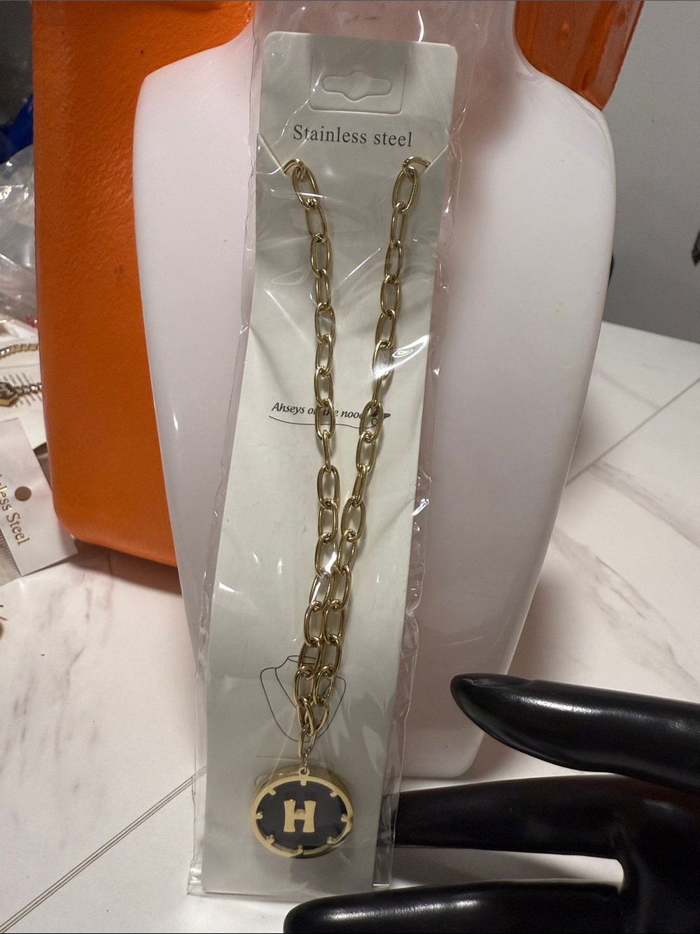 Gold Chain Pendant Necklace with Black Enamel 'H' Disc - Stainless Steel